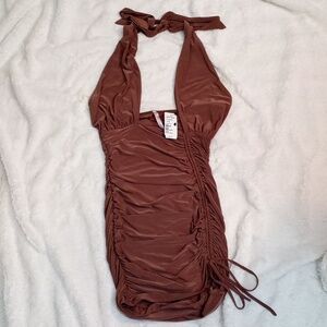 NWT HOTTIE Elegant Ruched Halter Bodycon Mini Dress - Brown Size M